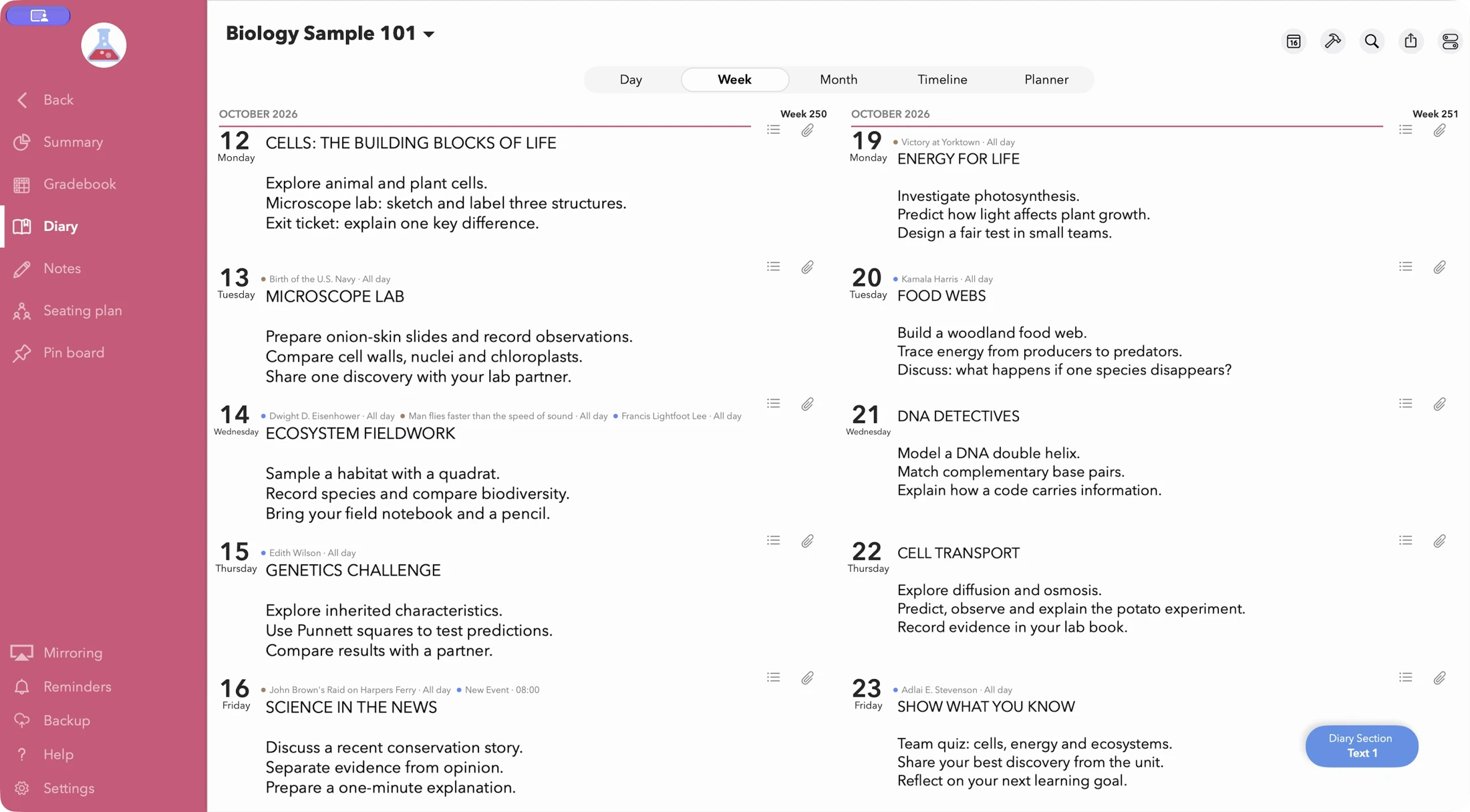 Weekly diary in iDoceo 9.6.0 with fictional biology lesson plans